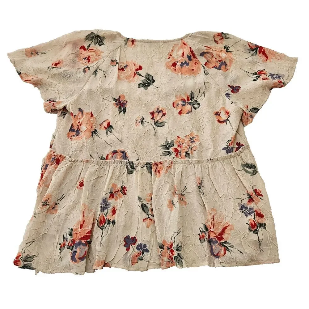 Lucky Brand Women's Floral Crinkle Flutter Sleeve Romantic Babydoll Blouse Sz XL - Picture 5 of 10